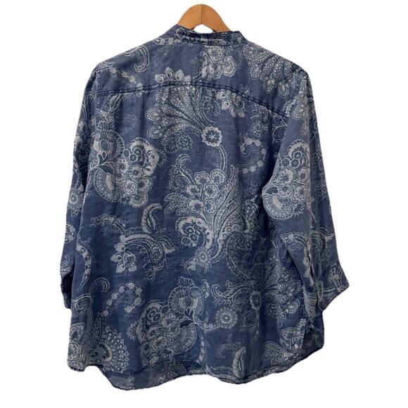 Lauren Ralph Lauren Top Linen 3/4 Sleeve Floral Boho Cottage Coastal Blue 1X - Picture 2 of 13